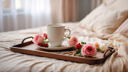 Fototapeta na wymiar Tray with a cup of coffee, vase with flowers on the bed in the room