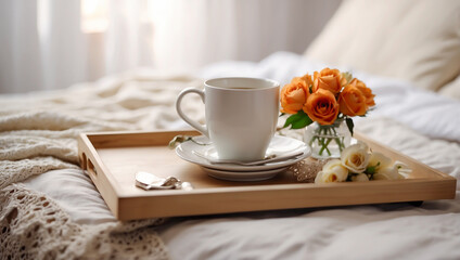 Fototapeta na wymiar Tray with a morning cup of coffee, vase with flowers on the bed in the room