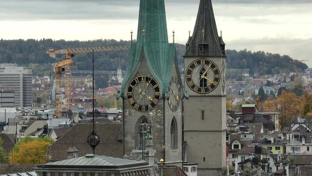 day time zurich city center famous church clock towers aerial panorama 4k switzerland 