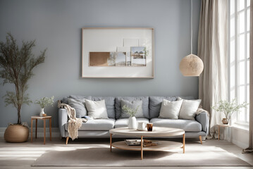 Mock up poster frame in modern sunny interior background, living room with cozy light gray sofa , Scandinavian style, 3D illustration, 3D render -  Generated with AI - obrazy, fototapety, plakaty