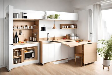 A compact kitchenette with clever storage solutions, fold-out counters, and multifunctional furniture for small spaces.
