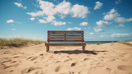 Fototapeta na wymiar empty old wooden bench on a sandy hill in the middle of the island on a sunny day and blue sky with a view of the wide blue sea on the horizon created with Generative AI technology