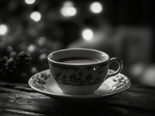 Fototapeta premium Cozy Christmas coffee scene, 50mm lens magic. Serene beauty in B&W, festive lights dance on cup. Perfect holiday ambiance.