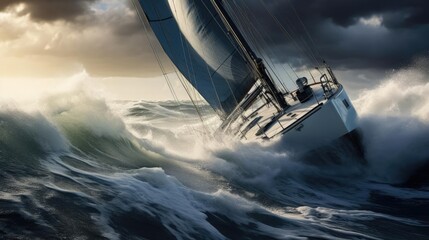 Close-up of a yacht in a stormy sea - obrazy, fototapety, plakaty