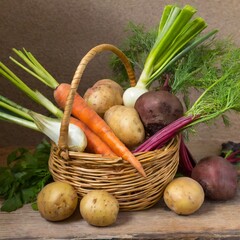 Harvest Basket Bounty: Fresh Potatoes, Carrots, Beets, and Garlic
