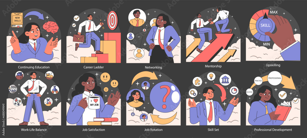 Poster professional growth dark or night mode set. pathways and strategies for career advancement. characte