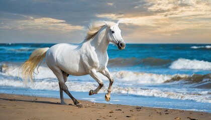 horse running on a beach on front of ocean