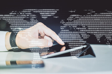 Double exposure of abstract digital world map and finger clicks on a digital tablet on background, research and strategy concept