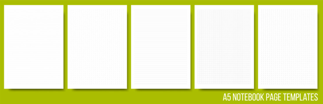 Notepad page layouts set in lined, squared, dotted, cross pattern. Note, notebook paper sheet on background. Vector illustration. Collection of white paper blank for memo or message. Print size A5