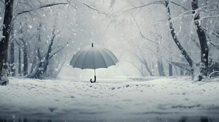 Peaceful Solitude: Idyllic Scene of a White Umbrella Amidst the Gentle Snow, Symbolizing Tranquility