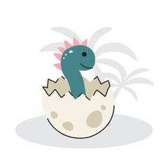 Cute baby dinosaur in egg in flat style isolated on white background. Vector illustration