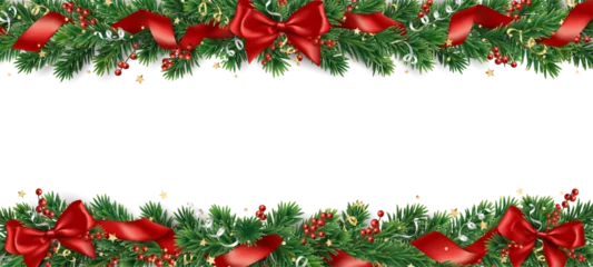 Foto op Plexiglas Christmas tree garland on transparent background, vector illustration. Realistic pine tree branches with red bow and ribbons. Decoration for holiday banners, party posters, cards, headers. © Olga Prozorova