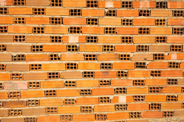 Panoramic background of wide old red brick wall texture. Home or office design backdrop.