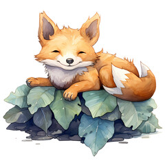 Cute Fox Lying On Leaves Watercolor Clipart Illustration