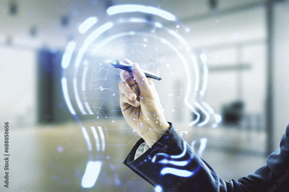 Poster man hand with pen working with abstract virtual artificial intelligence interface with human head ho