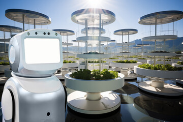 Close up of robot in the backdrop of plants in the small glass containers with water.