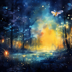 a digital symphony featuring abstract fireflies with watercolor-inspired strokes during nightfall, influenced by quantum mechanics