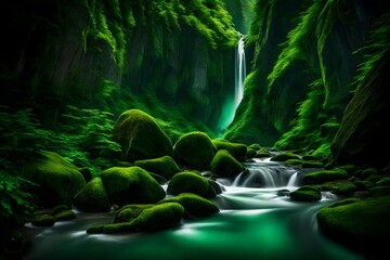 A serene cascade tumbling down emerald cliffs amidst lush, verdant peaks.