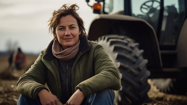 Portrait of middle-aged female farmer smiling and reflecting passion for farming with tractor in backdrop, AI Generated