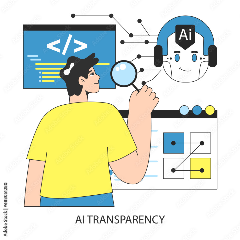Poster ai ethics. artificial intelligence and neural networks transparency and liability. character scrutin