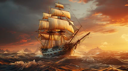 Gordijnen 3d rendered photo of ship on the ocean made with generative AI © Xaprushu