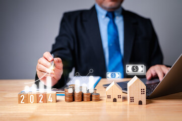 Savvy investor meticulously real estate weighs interest rates, investment opportunities, and loan...