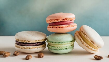 Fototapeta na wymiar colorful french macaroons dessert on pastel background 