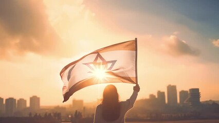 Woman raising flag of Israel. feminism,human rights,conflict Palestina concept. Jewish girl standing with the flag of Israel on the amazing valley and city and sky background. Memorial day-Yom,