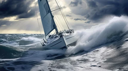 Plexiglas foto achterwand Close-up of a yacht in a stormy sea © cherezoff