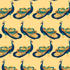 Seamless peacock pattern on yellow background