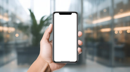 Smartphone mockup with transparent screen in hand, blurred office background