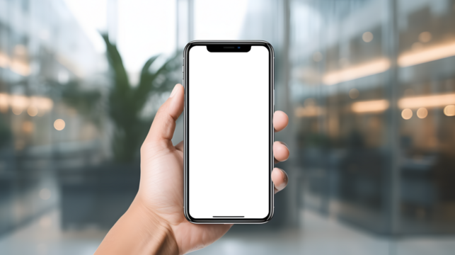 Smartphone mockup with transparent screen in hand, blurred office background