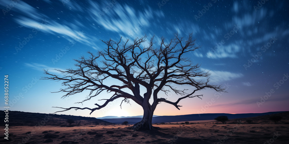 Poster amazing landscape of a dry tree with milky night sky background