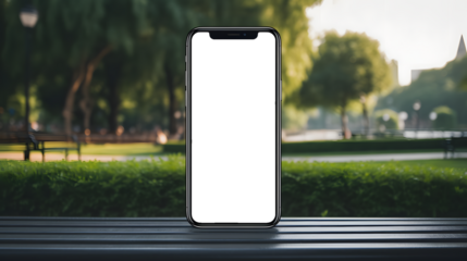 Smartphone mockup with transparent screen on outdoor bench, public park background