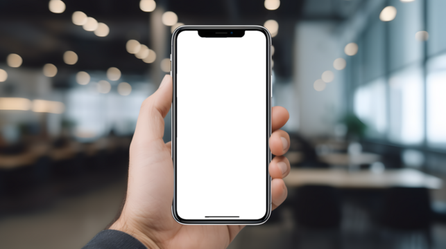 Smartphone mockup with transparent screen in hand, blurred office background