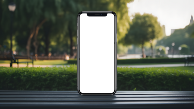 Smartphone mockup with transparent screen on outdoor bench, public park background