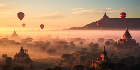Amazing landscape of Bagan Balloons - obrazy, fototapety, plakaty