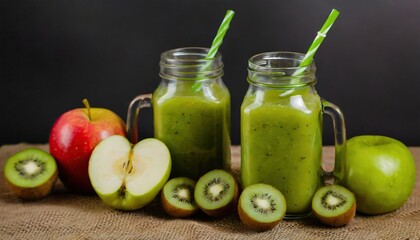 Glass jar mugs with green health smoothie, kale leaves, lime, apple, kiwi 