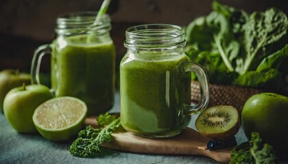 Glass jar mugs with green health smoothie, kale leaves, lime, apple, kiwi 