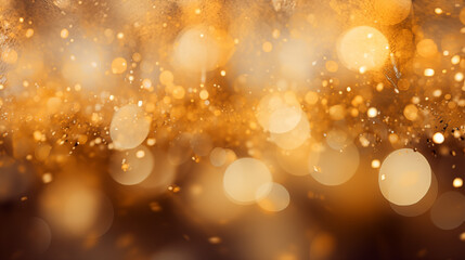 Backdrop of abstract yellow and golden bokeh glitter lights. Blurred shiny, glowing festive wallpaper for xmas, party, holiday, birthday, invitation.