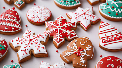 Obraz na płótnie Canvas assorted cookies shaped like gingerbread, tree, snowflakes, and house with colored sugar icing on top for Christmas season for kids created with Generative AI technology
