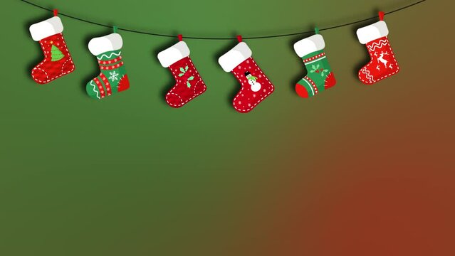 Rotating Hanging Decorative Christmas Socks. Ornamental animated socks collection. Stocking socks Christmas 4k animation for card or banner design template. Hanging Laundry style ornamental socks.