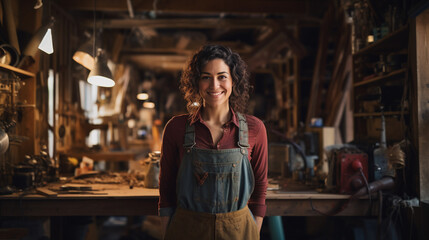 Joyful and satisfied carpenter craftswoman in apron working at cozy workshop, AI Generated - obrazy, fototapety, plakaty