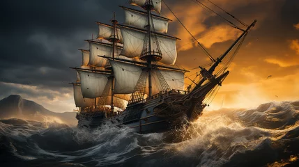 Rolgordijnen 3d rendered photo of ship on the ocean made with generative AI © Xaprushu