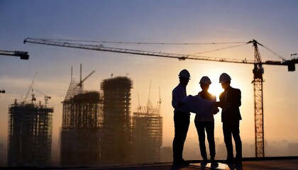 Silhouette of engineers consult and inspect high-rise construction work over blurred industry background