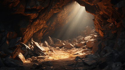 Mystical Cave Entrance Bathed in Sunlight: A Gateway to Nature's Untouched Beauty - obrazy, fototapety, plakaty