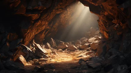 Fotobehang Mystical Cave Entrance Bathed in Sunlight: A Gateway to Nature's Untouched Beauty © Linus