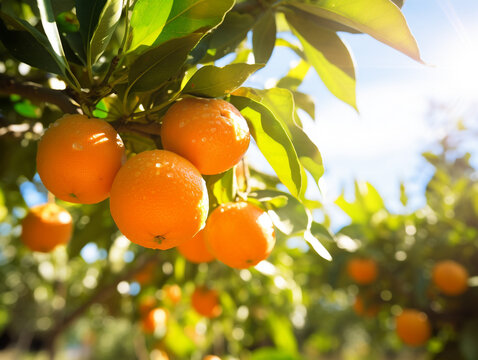 Close-up of a vibrant orange grove with citrus fruits hanging from the branches. Orange farm where the fruits are ready to be picked.