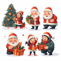 christmas, santa, claus, holiday, santa claus, winter, snow, xmas, tree, cartoon, vector, gift, snowman, illustration, celebration, hat, decoration, card, happy, year, new, fun, new year, season, gift