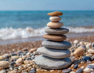 Fototapeta na wymiar he pebble tower balances harmony stones on the sea beach. Relaxing peaceful spa tranquility concept